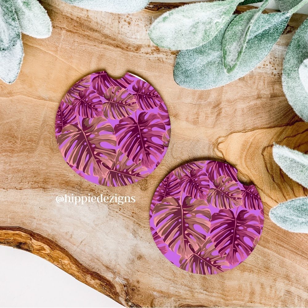 Pink Monstera Plant Car Coaster Set |  Plant Coaster Set